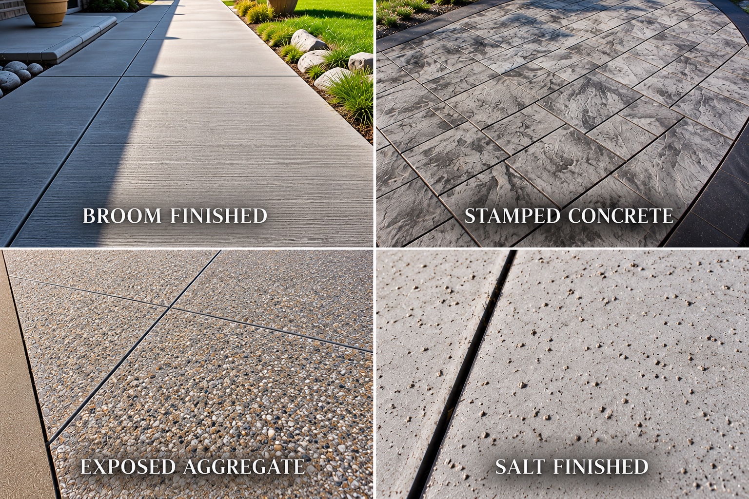 Broom finished, stamped, exposed aggregate, and salt finished concrete examples